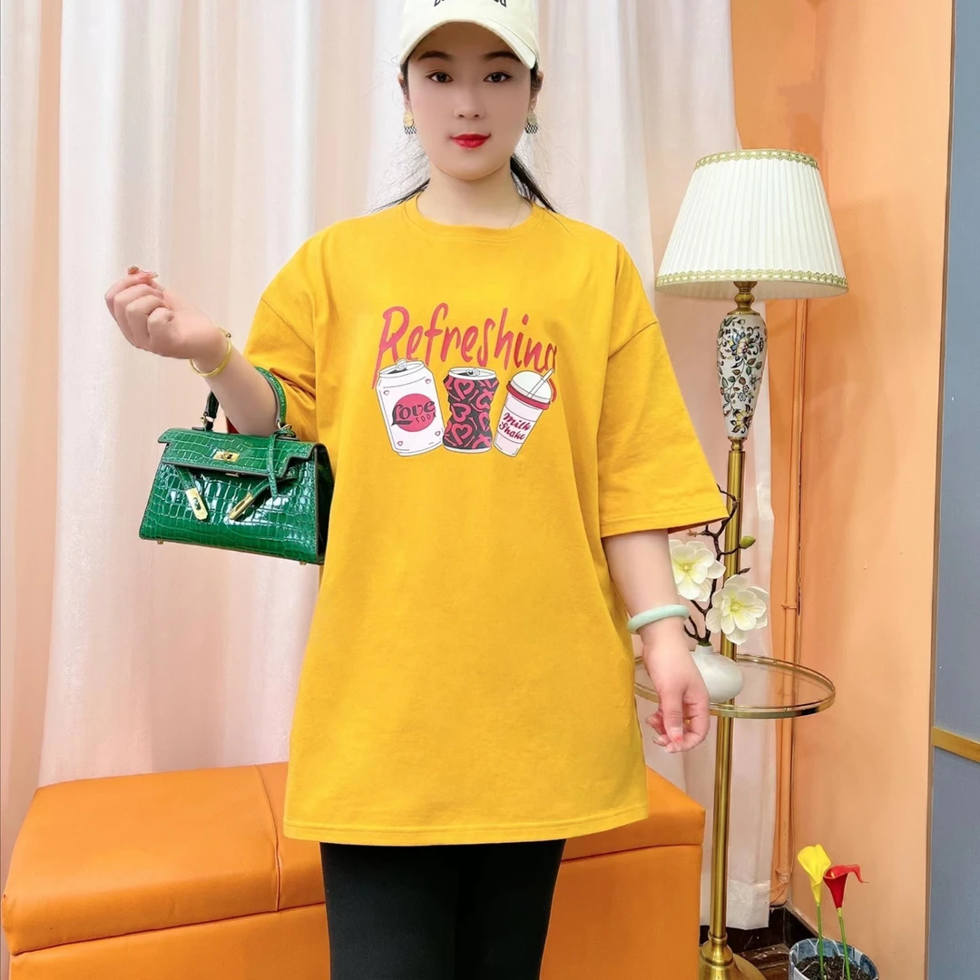 春夏款短袖女胖MM宽松打底衫春秋百搭中长款圆领T恤简约大码女装