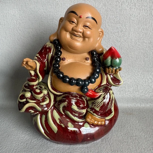 【柴烧献寿招米佛】石湾陶瓷手工柴烧红坤釉笑佛装饰工艺品16*10*19