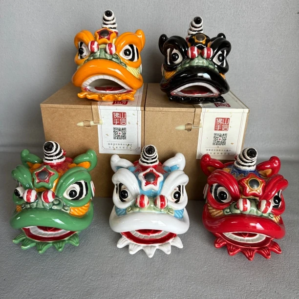 《岭南醒狮狮头可爱》石湾纯手工创意陶瓷狮子摆设礼品盒12*13*13