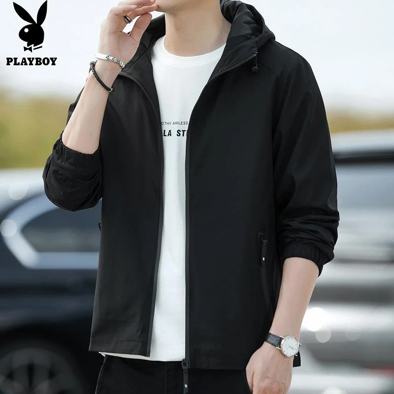 花花公子连帽夹克男士春秋季新款潮流美式休闲百搭宽松冲锋外套男
