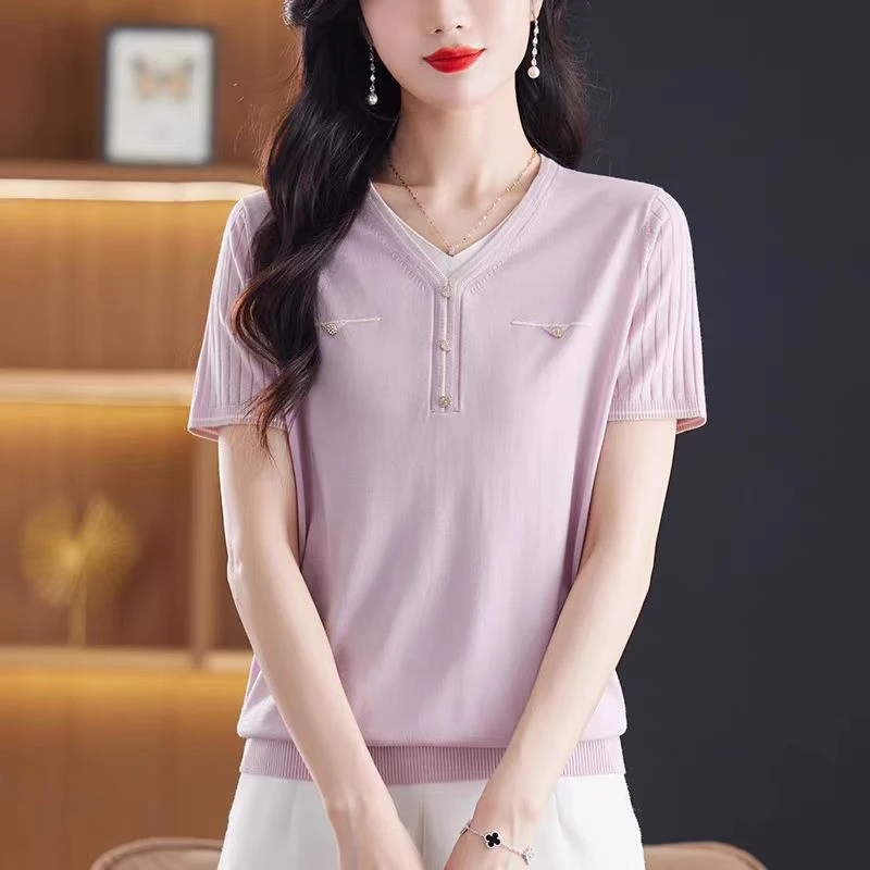 V领短袖t恤女2024新款针织衫 新选f163