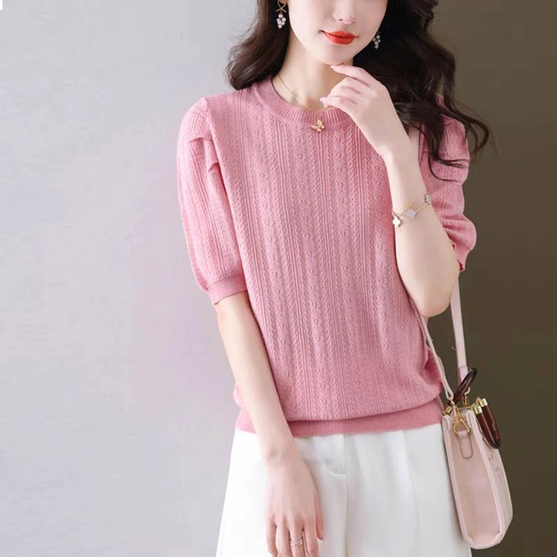 气质优雅减龄提花短袖针织衫显瘦上衣 新选f185