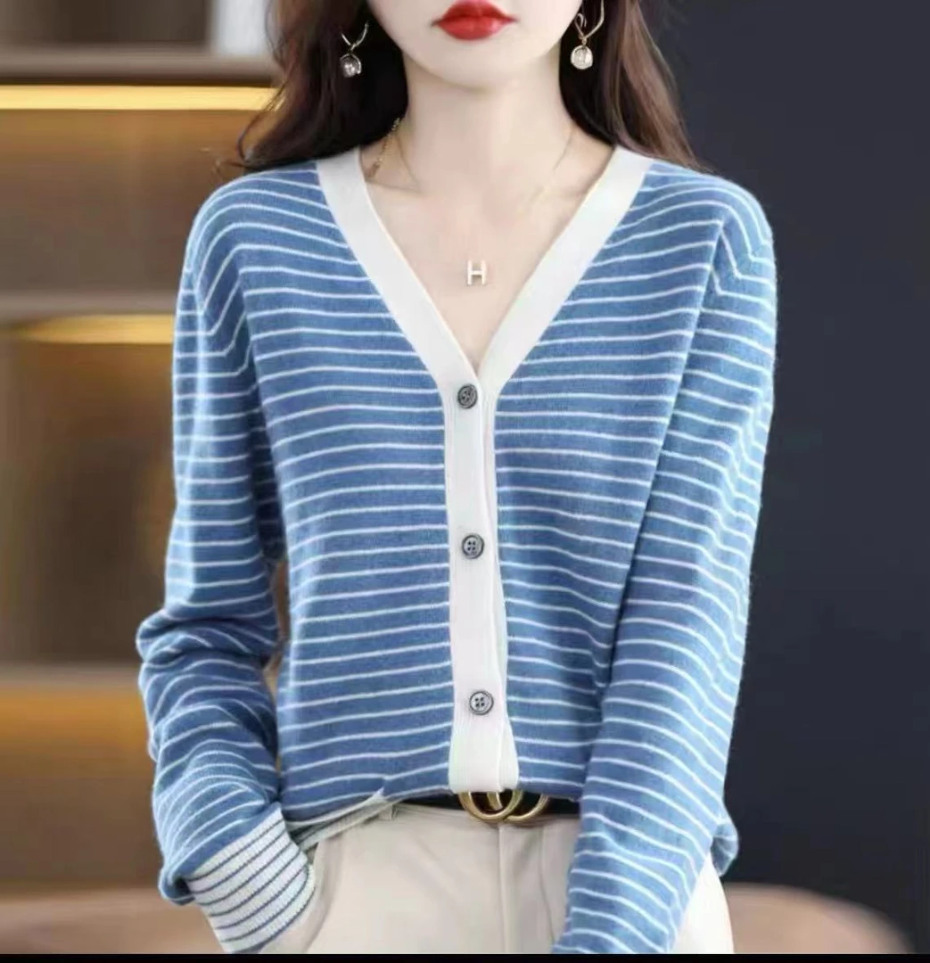 韩系条纹V领针织开衫长袖毛衣慵懒拼色上衣  新选f94