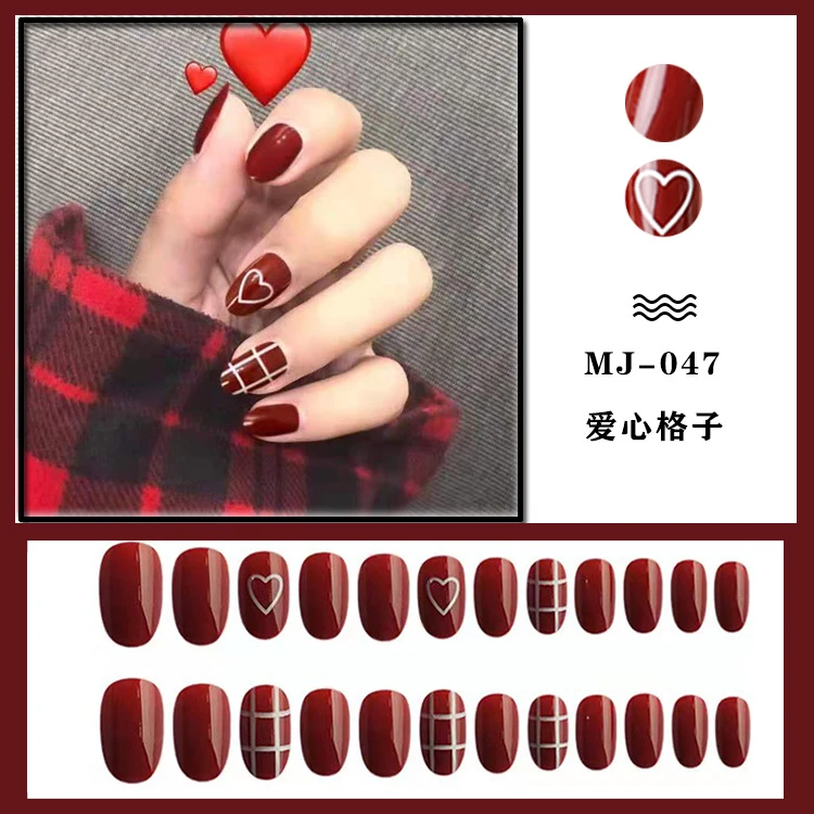 (中长款)爱心格子美甲贴片穿戴美甲假指甲美甲片穿戴式穿戴甲
