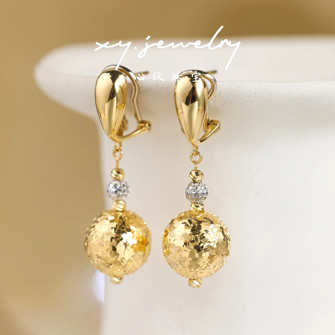 【心仪珠宝】18k金意大利双色碎碎冰金球耳坠/高级/气质/多退少补