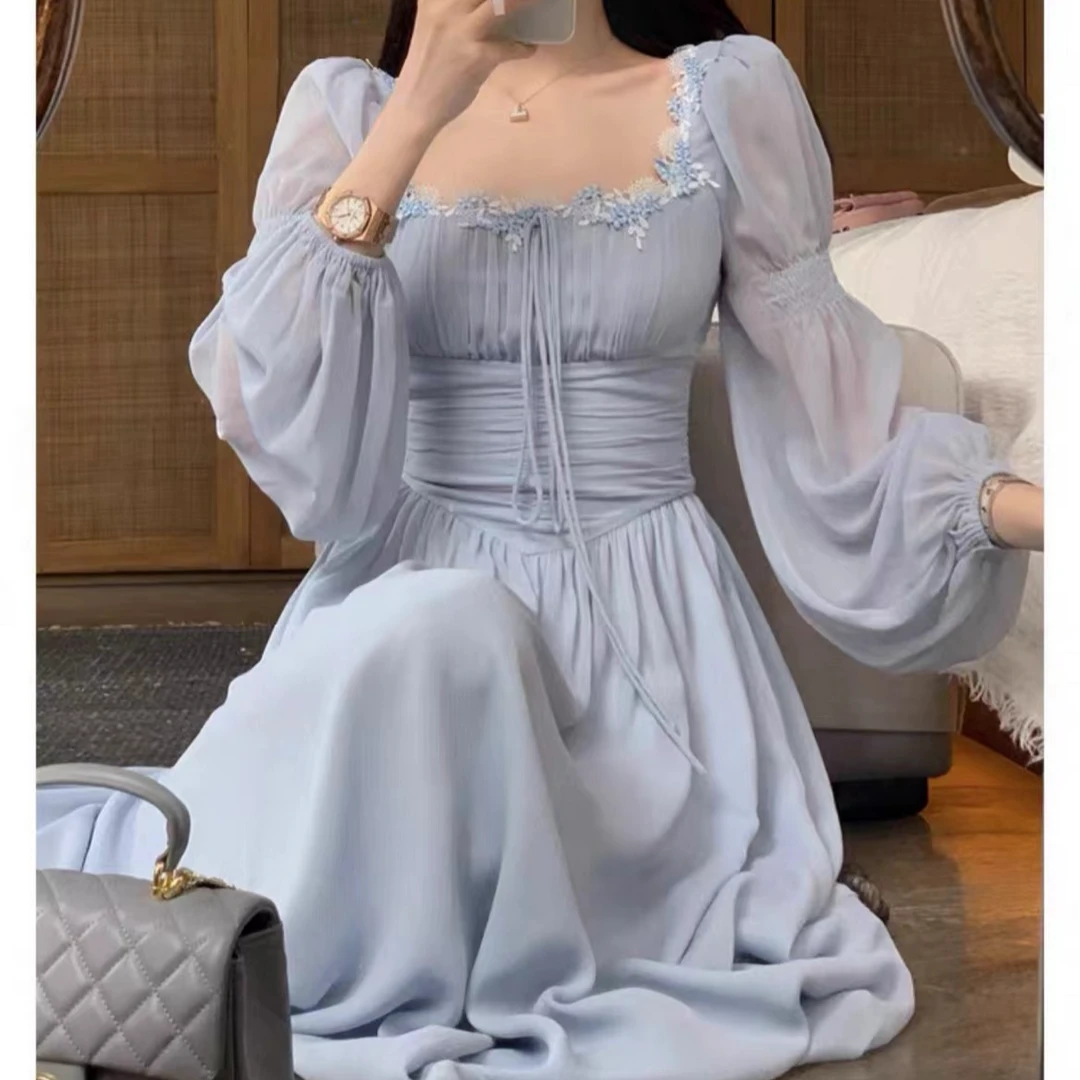 N3461法式宫廷风方领仙女连衣裙夏新高级感复古气质收腰系带长裙