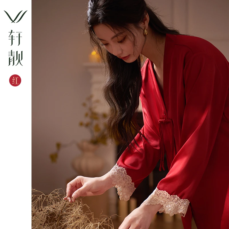 【冰丝】新中式睡衣女士春秋季长袖红色结婚新婚仿真丝绸家居服套装