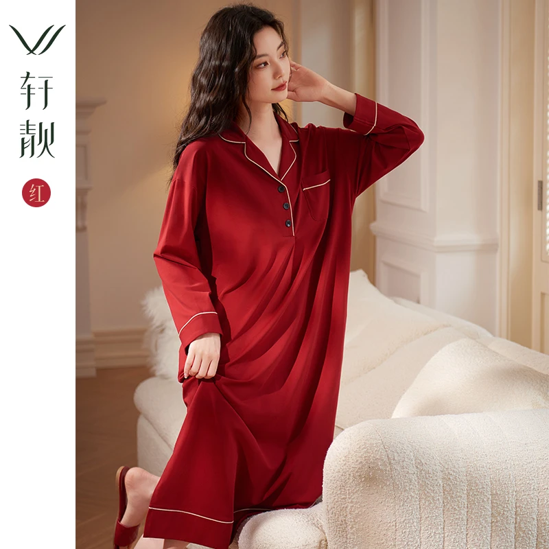 【莫代尔棉】新婚结婚睡衣睡裙女士春秋季长袖红色睡衣晨袍家居服