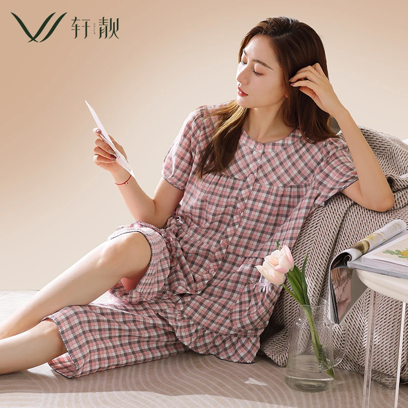 【梭织纯棉】睡衣女士夏季薄款短袖七分裤夏天妈妈大码家居服套装