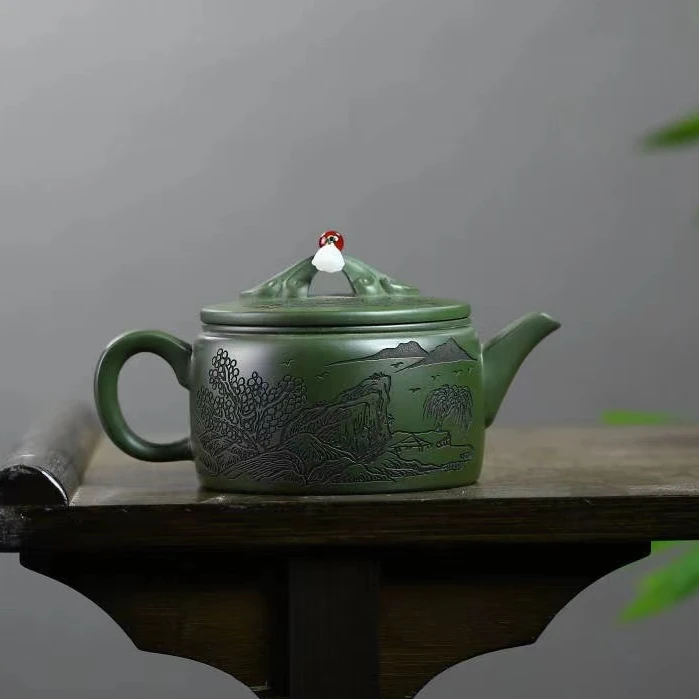 【小范紫砂】高端 甄选 民某绿 刻绘 汉瓦 紫砂壶