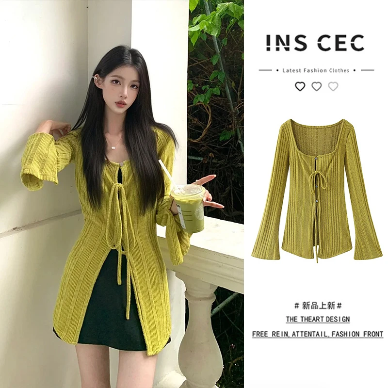 INS CEC复古穿搭绿色绑带针织衫2024秋季新款修身喇叭袖开衫上衣