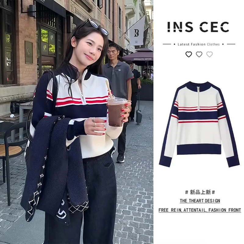 INS CEC复古学院风针织衫女宽松显瘦百搭秋冬新款半拉链运动上衣