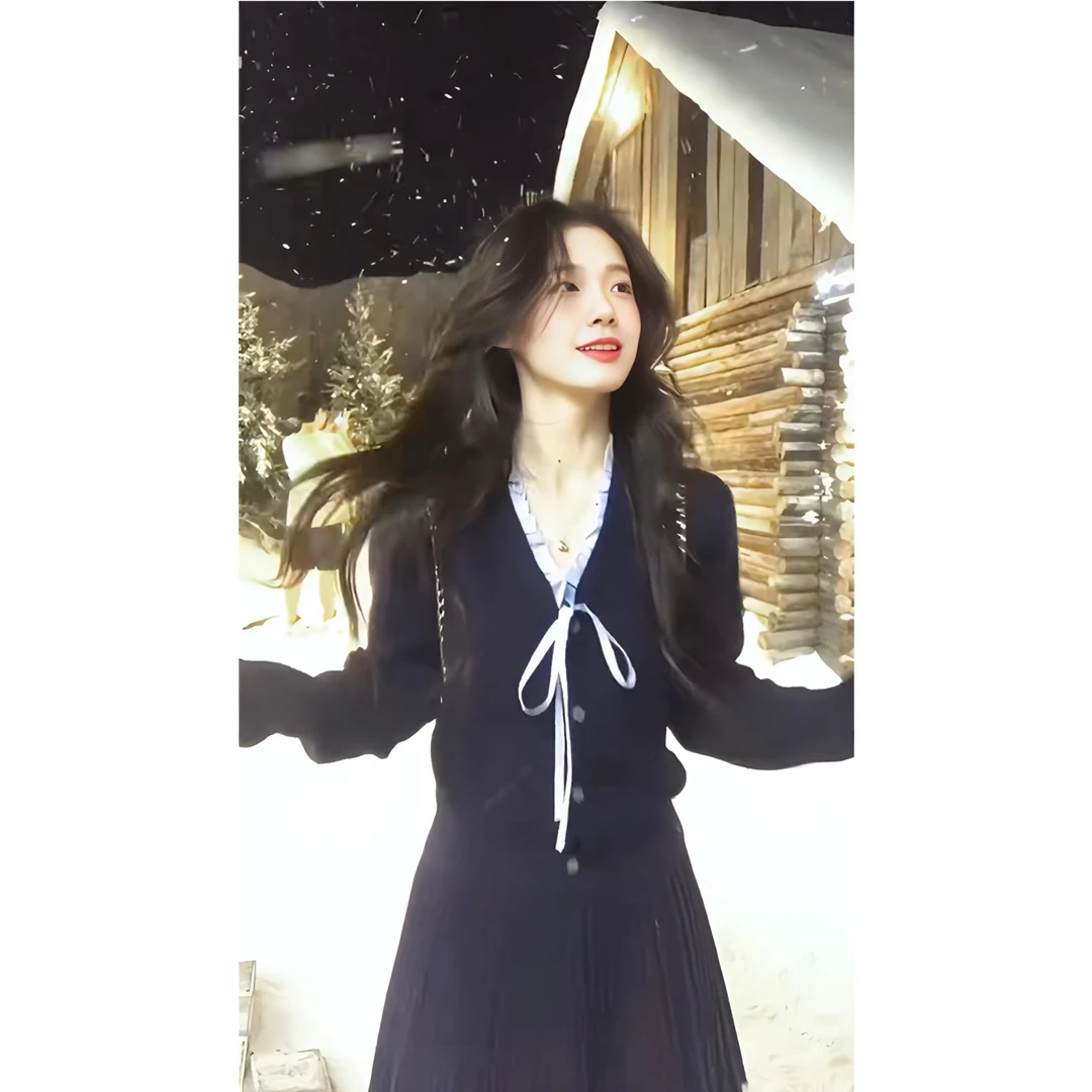 INS CEC学院风V领蝴蝶结针织开衫女秋冬高腰百褶半身裙休闲两件套