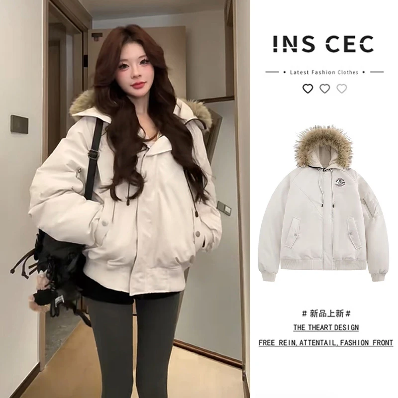 INS CEC美式复古毛领连帽棉服女冬季新款休闲宽松棉衣外套派克服