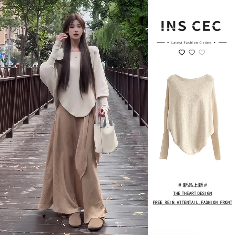 INS CEC法式荡领不规则蝙蝠袖毛衣女秋冬韩系穿搭慵懒风针织上衣