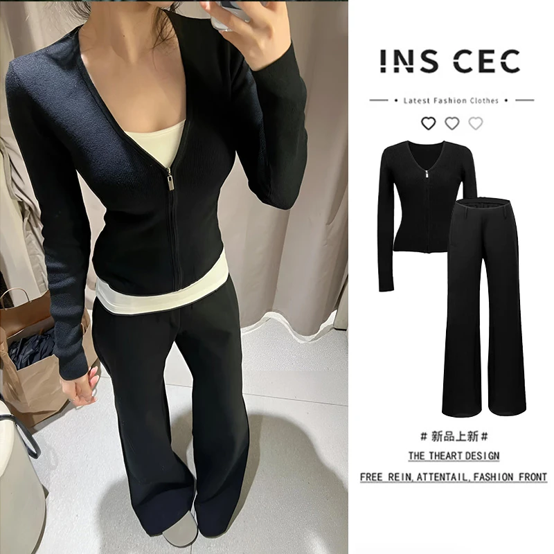 INS CEC毛衣外套短款吊带针织上衣阔腿休闲裤女早秋新款时尚穿搭