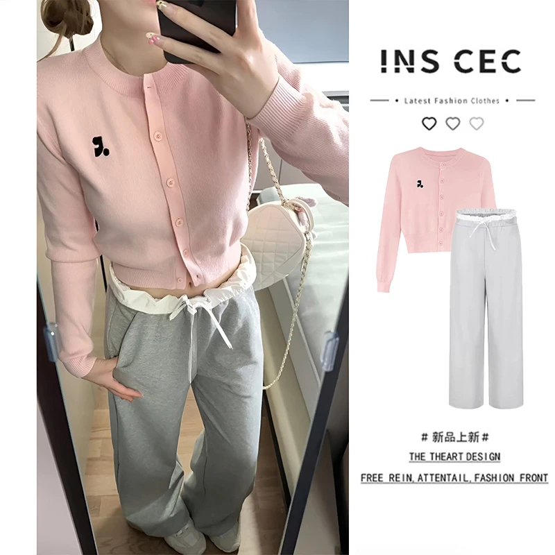 INS CEC法式刺绣短款针织开衫女早秋穿搭休闲垂感阔腿裤两件套潮