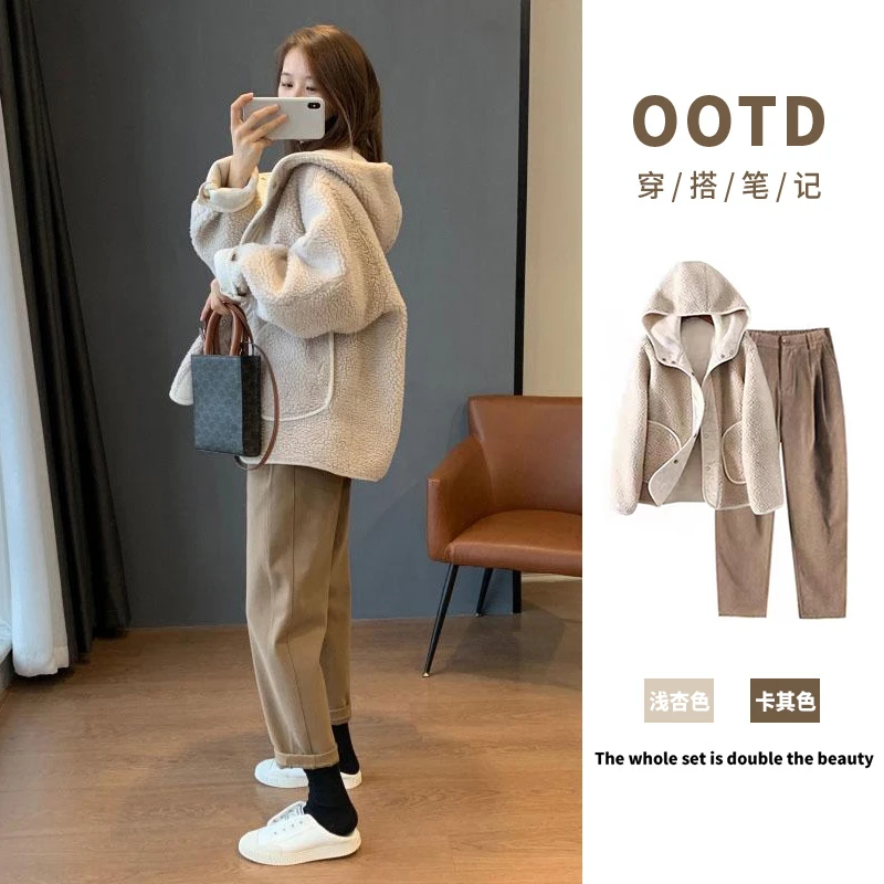 INS CEC2025高级感连帽毛绒外套女秋小香风加厚保暖毛茸茸夹棉服