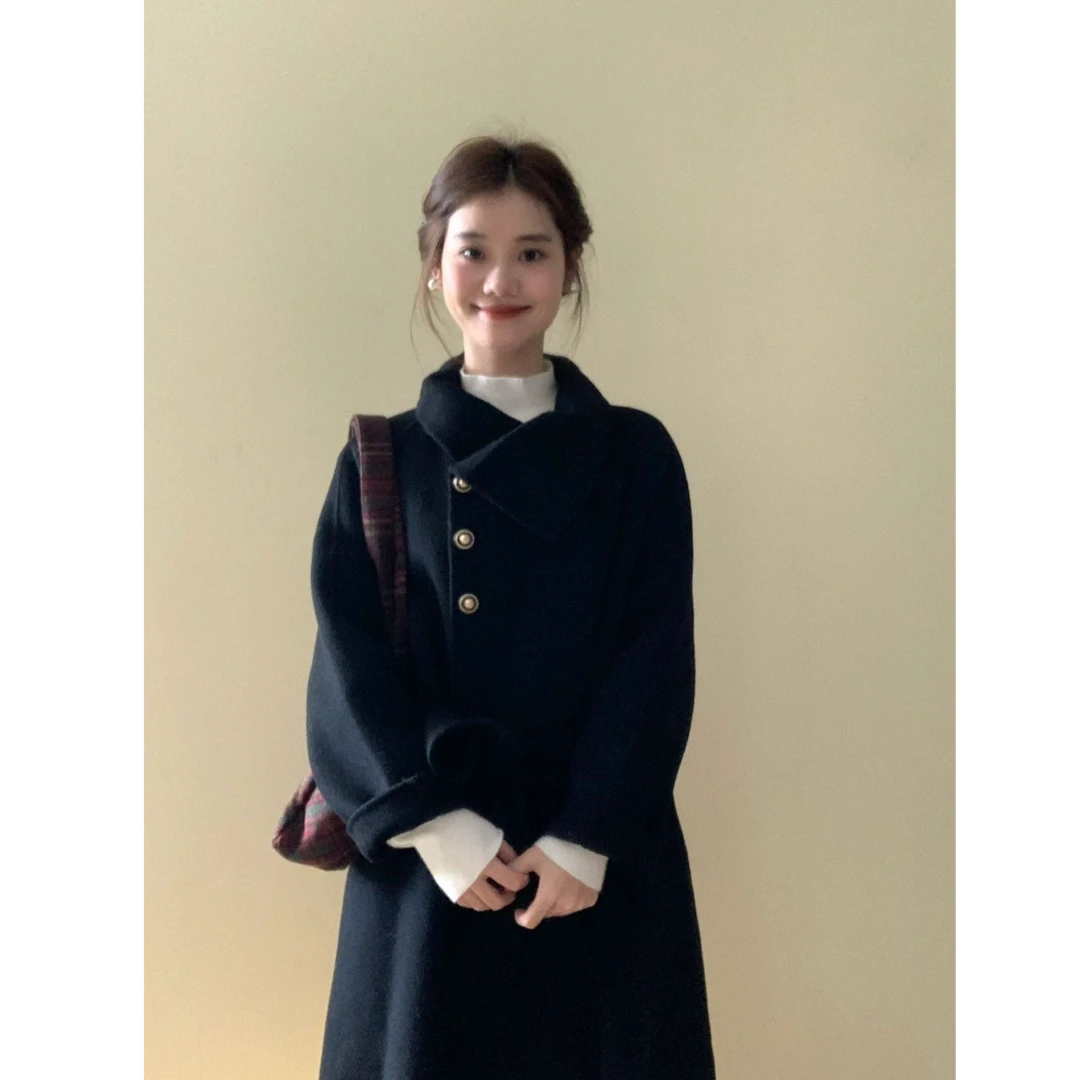 INS CEC黑色大衣女2025年冬季新款小个子韩版宽松收腰毛呢子外套