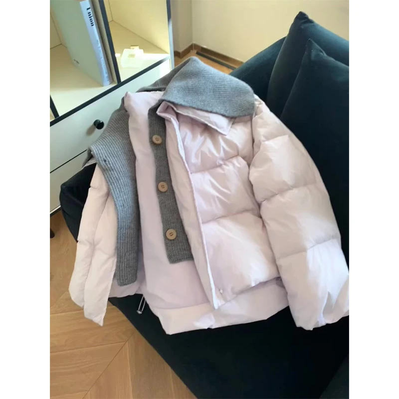 INS CEC淡紫色假两件拼接翻领面包服外套女秋冬保暖棉服宽松棉衣