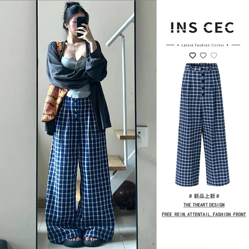INS CEC 藏青色纽扣格子休闲裤女秋季薄款小个子宽松垂感直筒裤子
