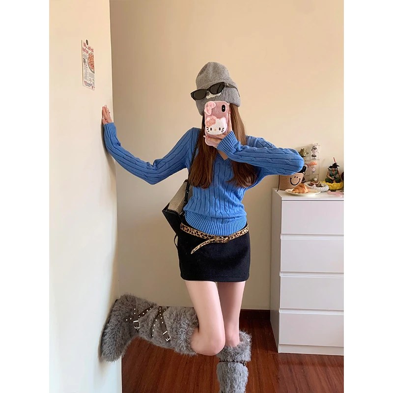 INS CEC克莱因蓝v领修身坑条毛衣女秋冬软糯针织衫内搭打底衫上衣