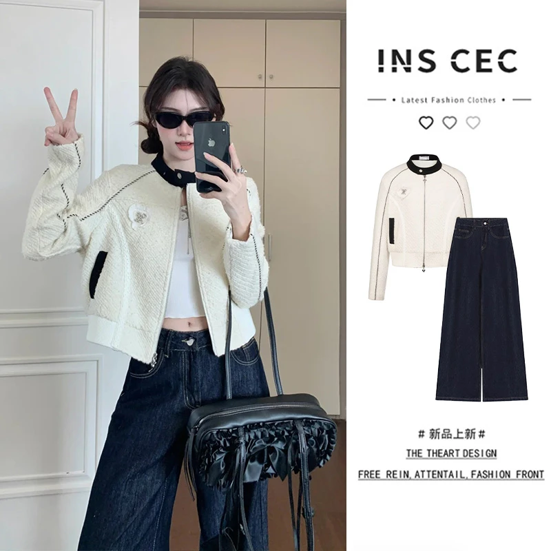 INS CEC小香风甜酷好看机车夹克春秋季美式轻薄慵懒风穿搭牛仔裤