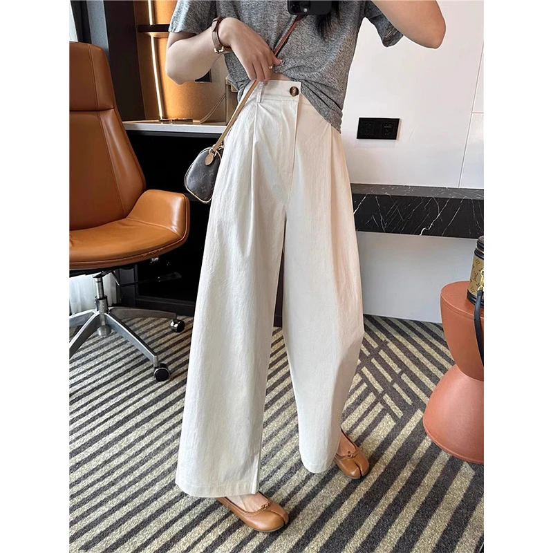 INS CEC米白色阔腿西装休闲裤女早春高腰宽松垂感显瘦直筒长裤子