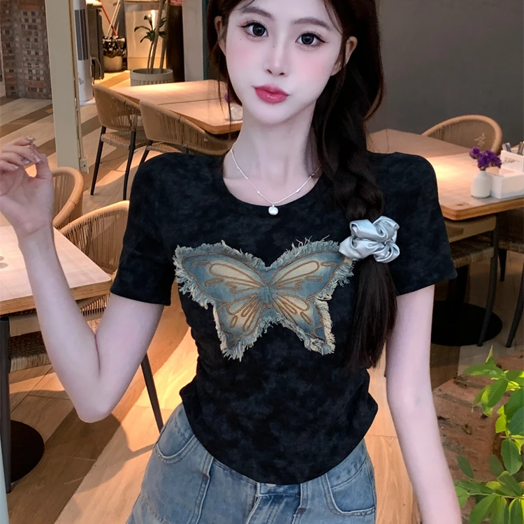 胖妹妹扎染t恤女2025夏季褶皱收腰短袖大码女装设计感蝴蝶上衣潮