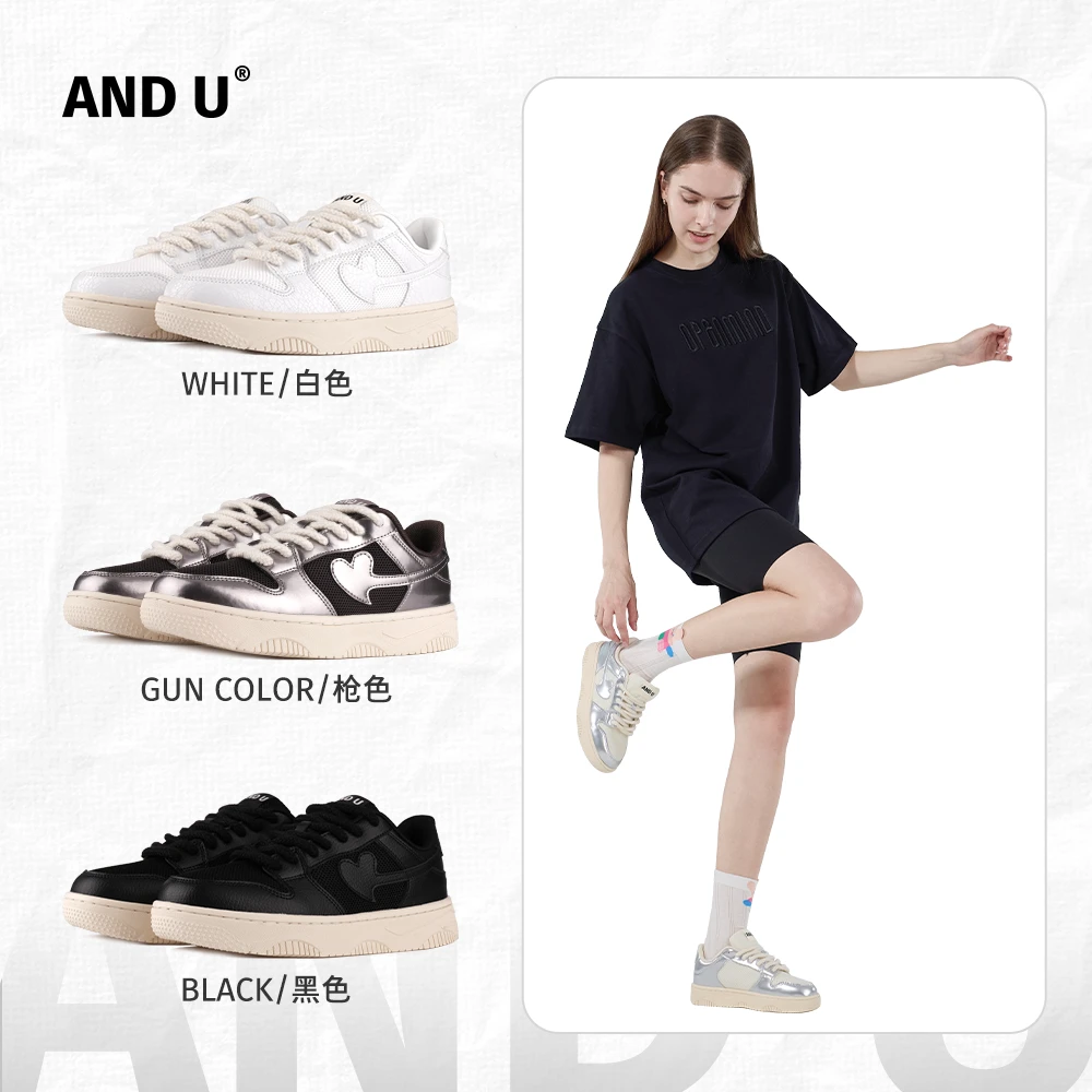 AND U新款男女同款时尚网布潮流秋天穿搭情侣爱心鞋白色板鞋