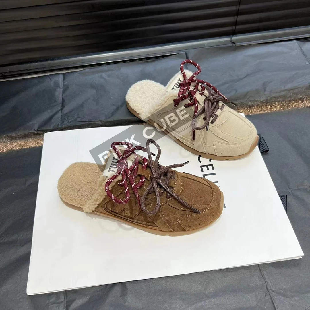 PINK CUBE平底系带休闲包头毛毛鞋女2024秋冬新款懒人鞋潮w179