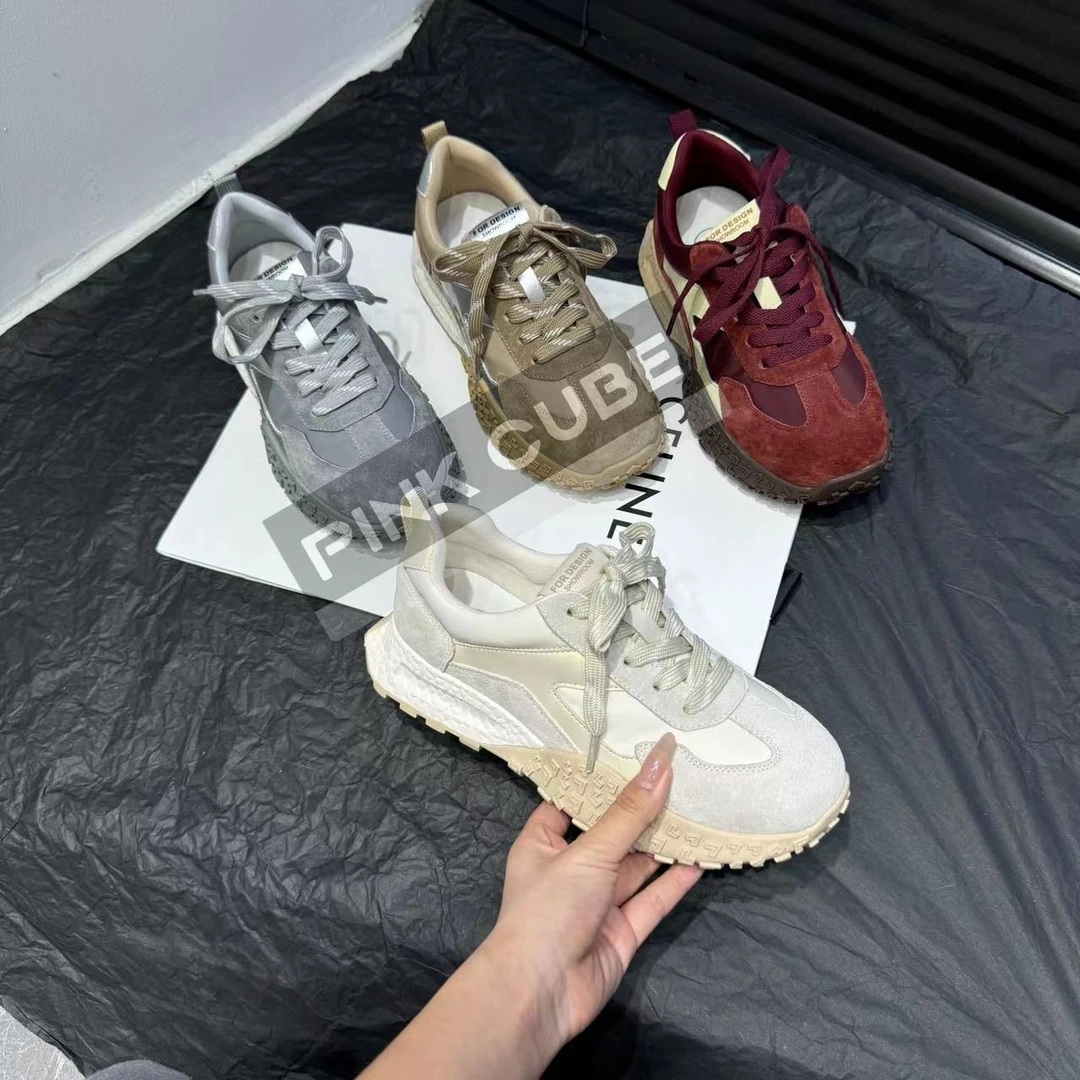 PINK CUBE小众透气阿甘小白鞋女ins潮2024夏新款厚底德训鞋子w138