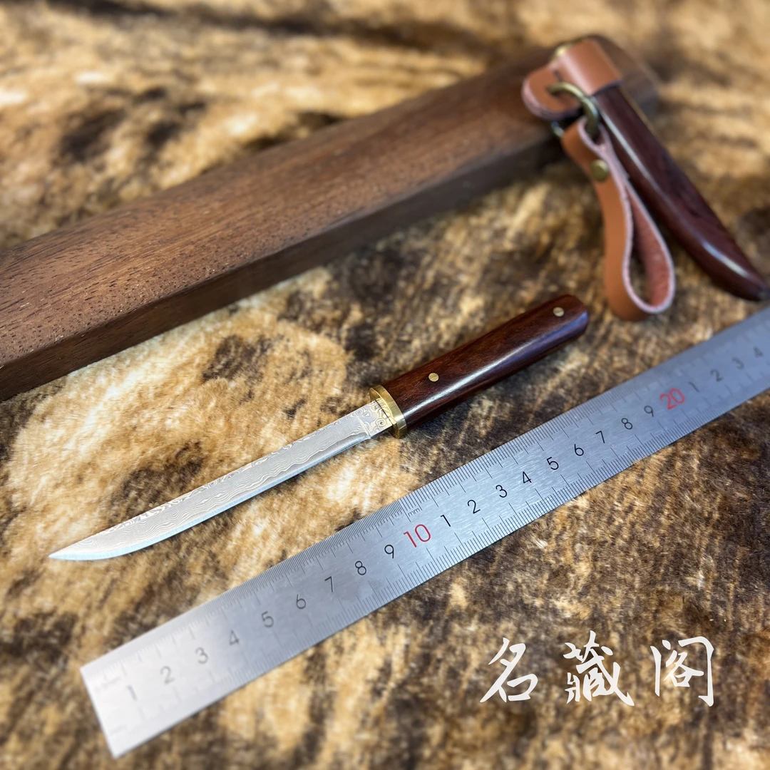 新疆包邮【红武士】收藏手工锻打大马士革钢手把肉茶叶水果直工具刀