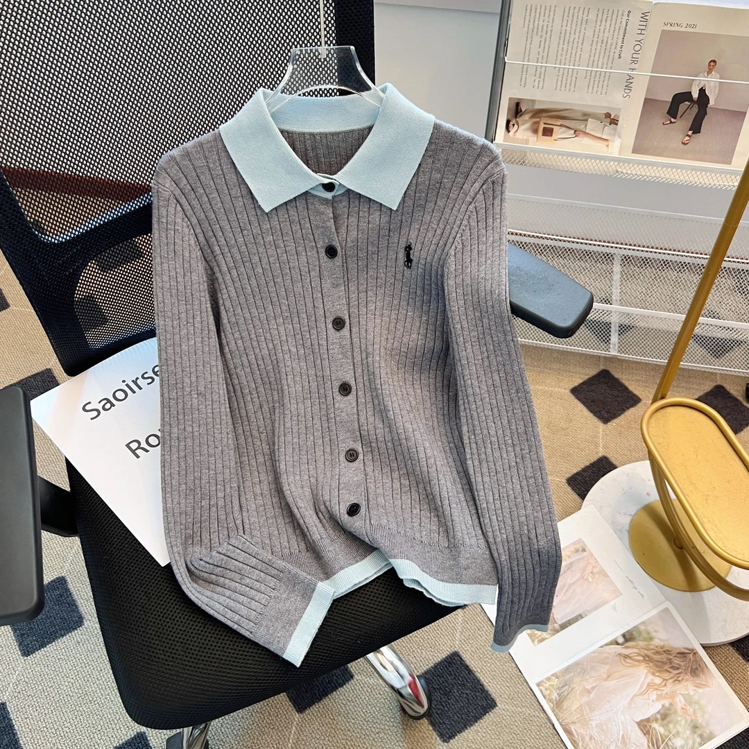 撞色假两件刺绣针织开衫女2024秋季新款时尚翻领毛衣修身显瘦上衣