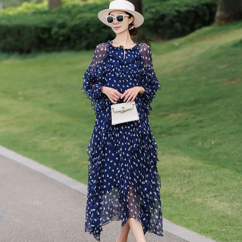 拜占庭的森林桑蚕丝连衣裙波点印花百搭时尚宽松显瘦长袖气质款女