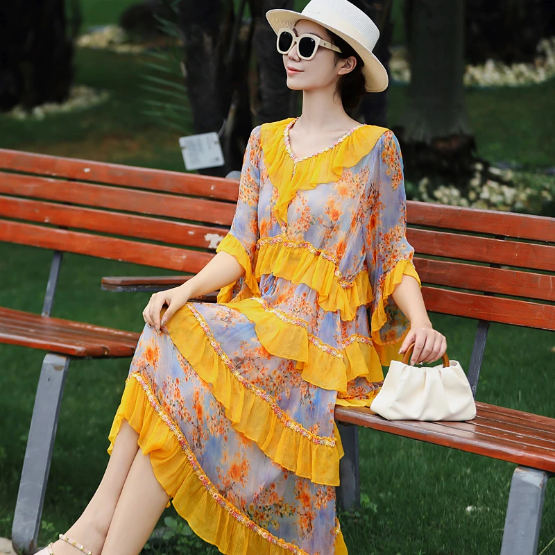 拜占庭的森林印花桑蚕丝V领时尚印花收腰百搭拼接气质蛋糕款裙女