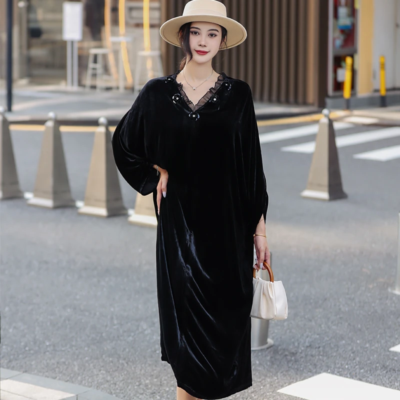 拜占庭的森林桑蚕丝丝绒连衣裙女气质轻奢V领上档次宽松显瘦长裙