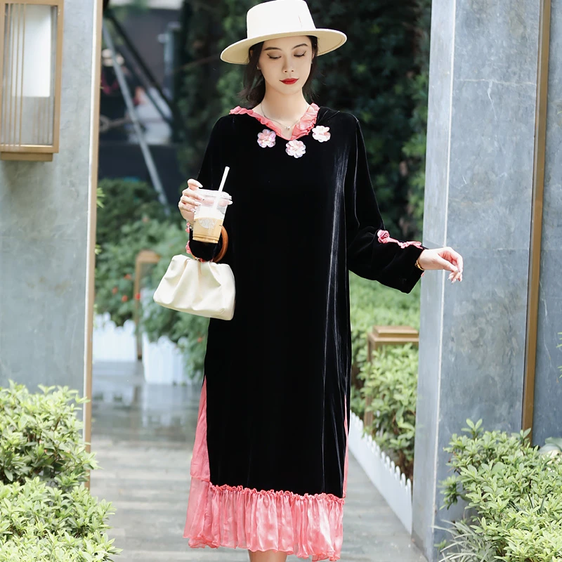 拜占庭的森林桑蚕丝丝绒连衣裙女阔太太轻奢高贵上档次宽松显瘦裙