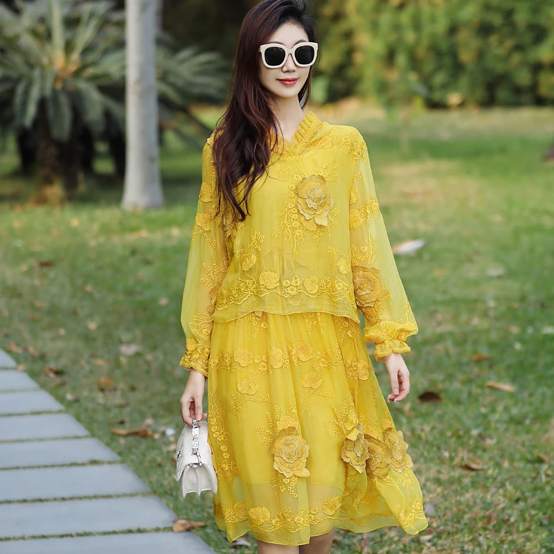 拜占庭的森林假两件重工刺绣花气质桑蚕丝连帽温柔大气真丝连衣裙