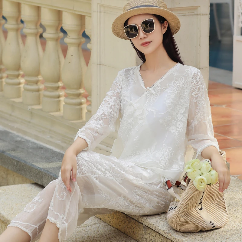 拜占庭的森林桑蚕丝套装女民族风刺绣花气质宽松上衣真丝裤两件套