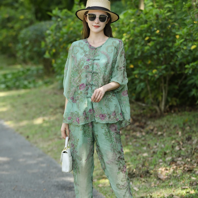 民族风盘扣时尚套装女装复古气质高档绣花真丝遮肉上衣裤子两件套