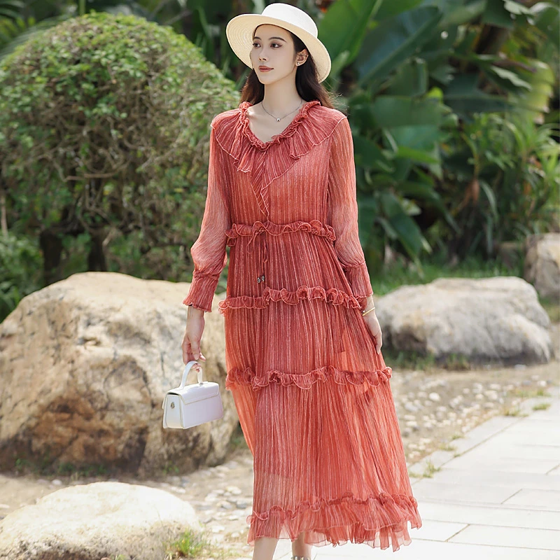 拜占庭的森林桑蚕丝印花纯色高贵上档次长袖百搭气质休闲连衣裙女