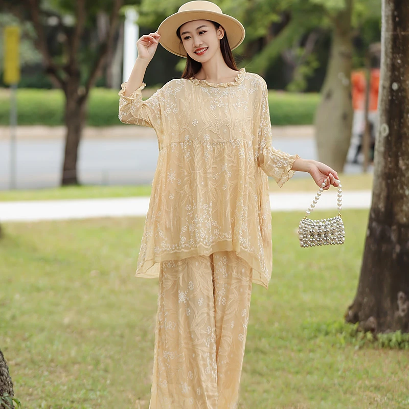 拜占庭的森林桑蚕丝套装时尚刺绣百搭轻奢气质长袖桑蚕丝两件套女