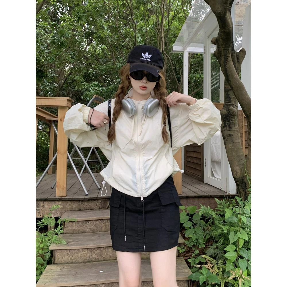 美式拉链连帽工装冲锋衣薄款外套女夏季外搭罩衫防晒开衫外穿上衣