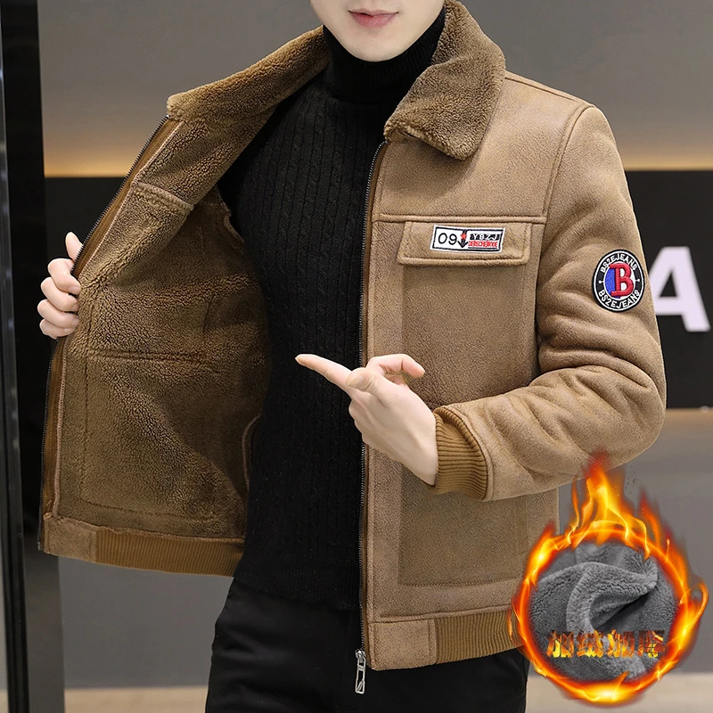 皮毛一体外套男士冬季新款翻领夹克青年休闲保暖加绒加厚上衣爆款