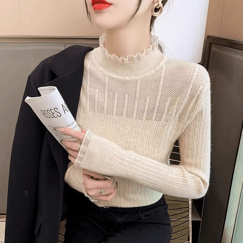 2115刺绣蕾丝领显瘦针织打底上衣打底衫内搭长袖修身毛衣百搭