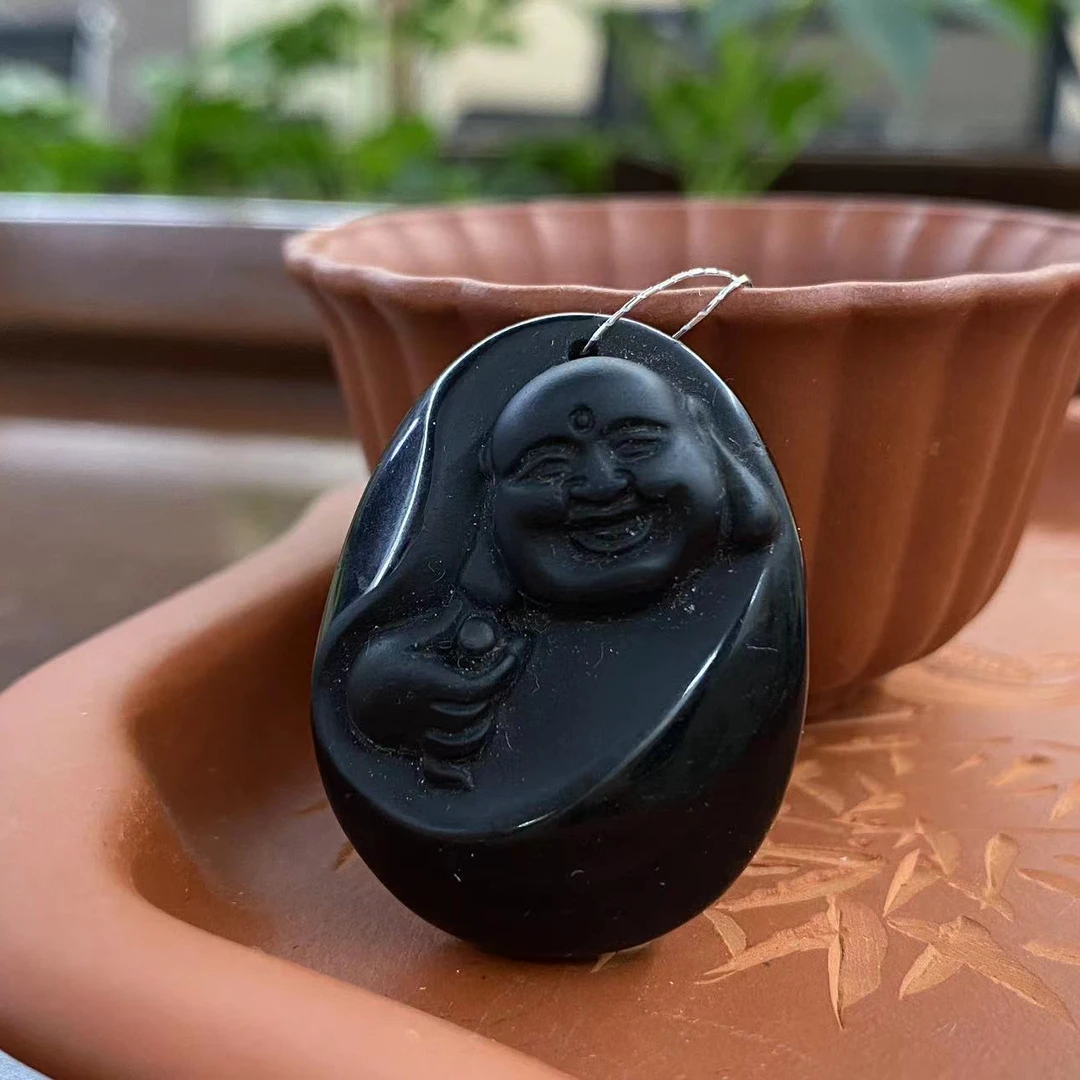 【天然黑曜石笑脸佛时尚百搭吊坠】JGHYS005-多样性发货
