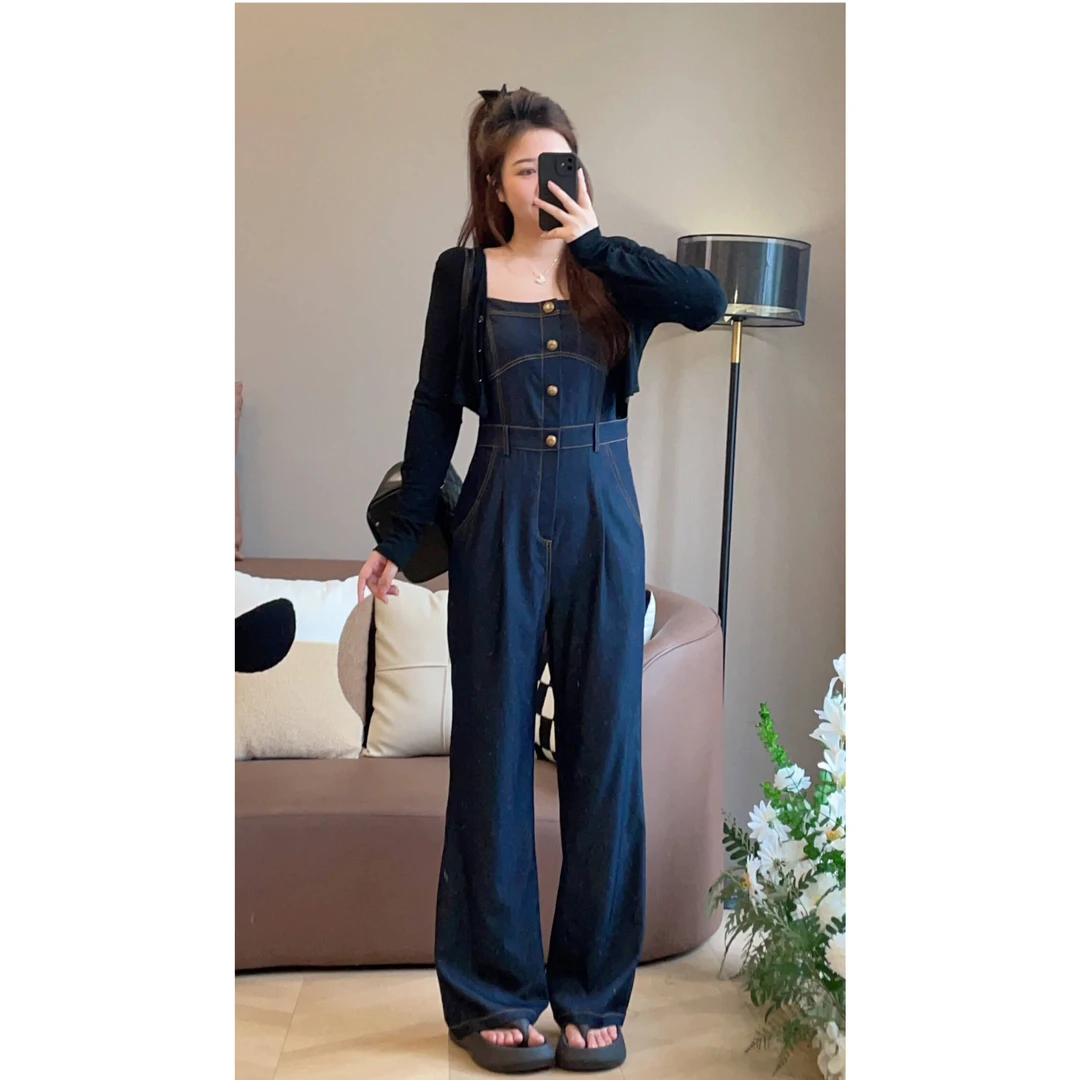 【清清价】时尚复古风背带连体裤夏微胖显瘦通勤+开衫P224K04453