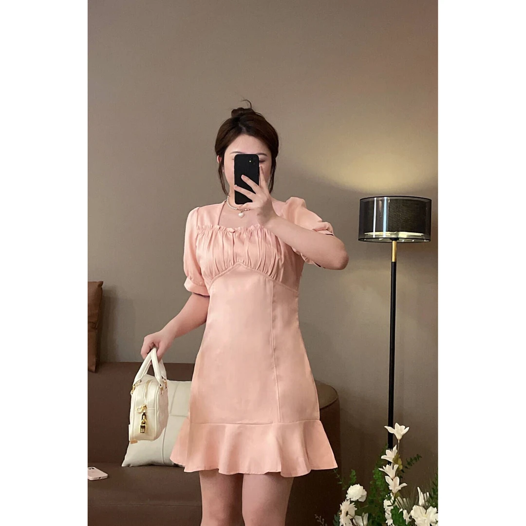 【清清价】气质减龄褶皱粉色收腰连衣裙春夏微胖显瘦通勤P224X03729