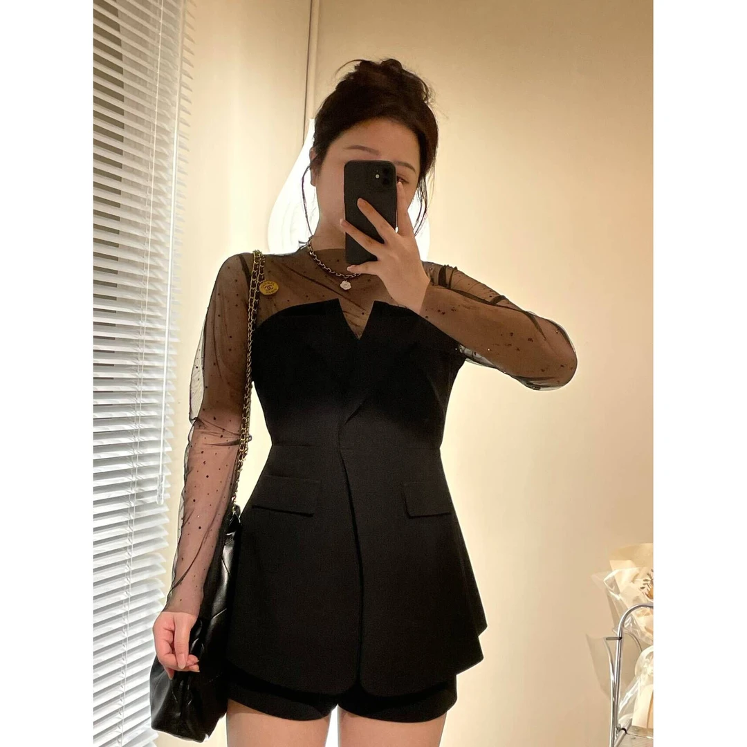 大萌萌  小众微胖显瘦假两件带钻网纱上衣+高腰短裤女P224A20536